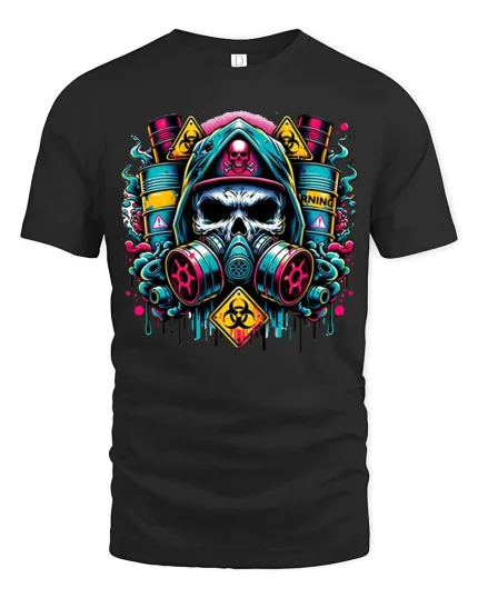 Toxic Skull Gas Mask Street Art Graphic T-Shirt - black t-shirt on white background