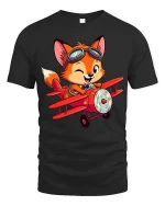 Cute Fox Pilot Airplane Cartoon Aviator Graphic T-Shirt - black t-shirt on white background