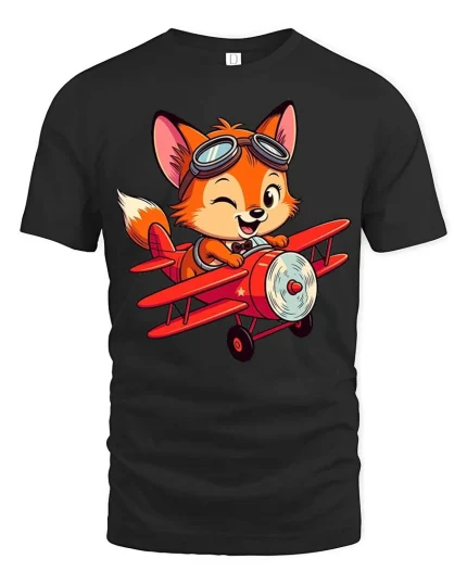 Cute Fox Pilot Airplane Cartoon Aviator Graphic T-Shirt - black t-shirt on white background