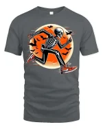 Running Skeleton Halloween Moon Funny Runner T-Shirt - gray t-shirt on white background