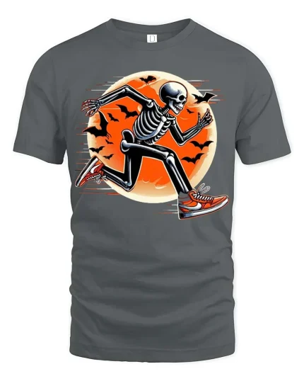 Running Skeleton Halloween Moon Funny Runner T-Shirt - gray t-shirt on white background