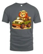 Cute Safari Lion Jeep Cartoon Adventure Graphic T-Shirt - gray t-shirt on white background