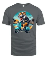 Jakarta Tiger Riding Scooter Retro Travel Graphic T-Shirt - gray t-shirt on white background