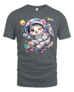 Cute Astronaut Cat Skateboard Space Cartoon Graphic T-Shirt - gray t-shirt on white background