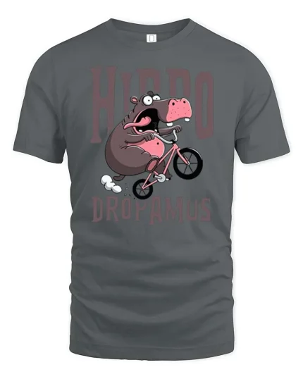 Hippo Dropamus Funny Hippo Riding Bike Cartoon T-Shirt - gray t-shirt on white background