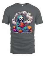 Cute Reading Grim Reaper Ghost Halloween Graphic T-Shirt - gray t-shirt on white background