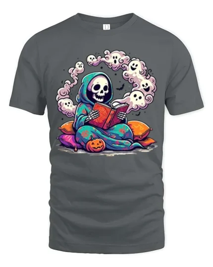 Cute Reading Grim Reaper Ghost Halloween Graphic T-Shirt - gray t-shirt on white background