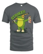 Strike Frog Fishing Funny Fisherman Cartoon T-Shirt - gray t-shirt on white background