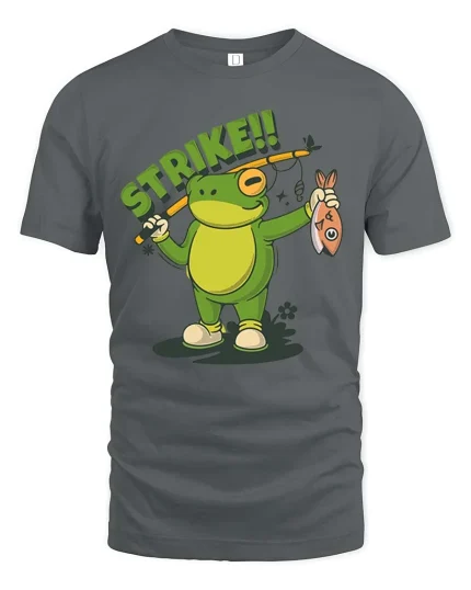 Strike Frog Fishing Funny Fisherman Cartoon T-Shirt - gray t-shirt on white background