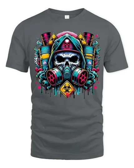 Toxic Skull Gas Mask Street Art Graphic T-Shirt - gray t-shirt on white background