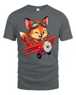 Cute Fox Pilot Airplane Cartoon Aviator Graphic T-Shirt - gray t-shirt on white background