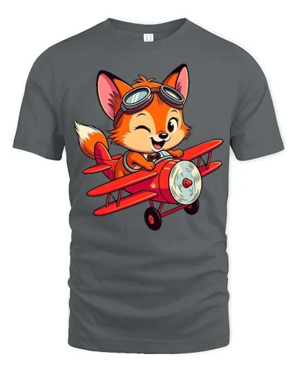 Cute Fox Pilot Airplane Cartoon Aviator Graphic T-Shirt - gray t-shirt on white background
