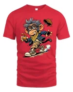 Cool Monkey Coffee Lover Funny Cartoon Graphic T-Shirt - red t-shirt on white background