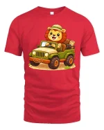 Cute Safari Lion Jeep Cartoon Adventure Graphic T-Shirt - red t-shirt on white background