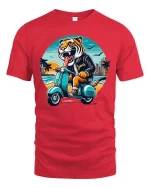 Jakarta Tiger Riding Scooter Retro Travel Graphic T-Shirt - red t-shirt on white background