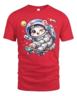 Cute Astronaut Cat Skateboard Space Cartoon Graphic T-Shirt - red t-shirt on white background