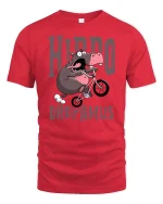 Hippo Dropamus Funny Hippo Riding Bike Cartoon T-Shirt - red t-shirt on white background