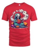 Cute Reading Grim Reaper Ghost Halloween Graphic T-Shirt - red t-shirt on white background