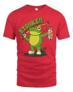 Strike Frog Fishing Funny Fisherman Cartoon T-Shirt - red t-shirt on white background