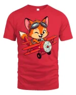 Cute Fox Pilot Airplane Cartoon Aviator Graphic T-Shirt - red t-shirt on white background