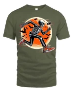 Running Skeleton Halloween Moon Funny Runner T-Shirt - military green t-shirt on white background