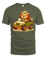 Cute Safari Lion Jeep Cartoon Adventure Graphic T-Shirt - military green t-shirt on white background
