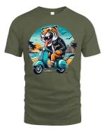 Jakarta Tiger Riding Scooter Retro Travel Graphic T-Shirt - military green t-shirt on white background