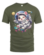 Cute Astronaut Cat Skateboard Space Cartoon Graphic T-Shirt - military green t-shirt on white background