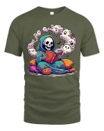 Cute Reading Grim Reaper Ghost Halloween Graphic T-Shirt - military green t-shirt on white background