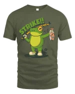 Strike Frog Fishing Funny Fisherman Cartoon T-Shirt - military green t-shirt on white background