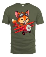 Cute Fox Pilot Airplane Cartoon Aviator Graphic T-Shirt - military green t-shirt on white background