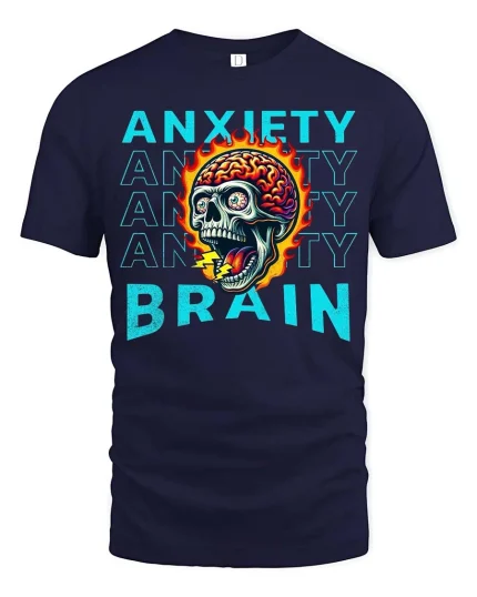 Anxiety Brain Skull Mental Health Graphic T-Shirt - navy t-shirt on white background