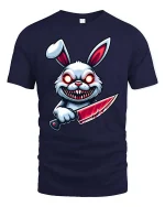 Psycho Killer Bunny Horror Cartoon Graphic T-Shirt - navy t-shirt on white background