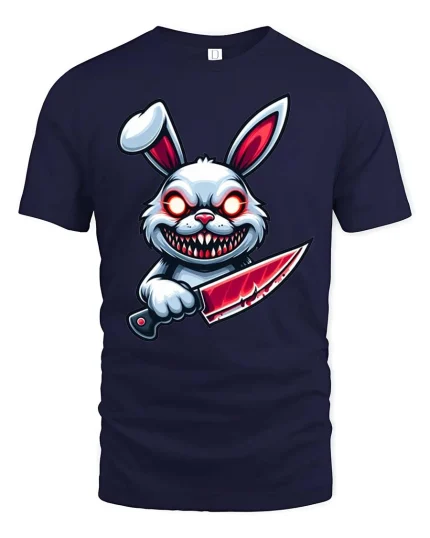 Psycho Killer Bunny Horror Cartoon Graphic T-Shirt - navy t-shirt on white background