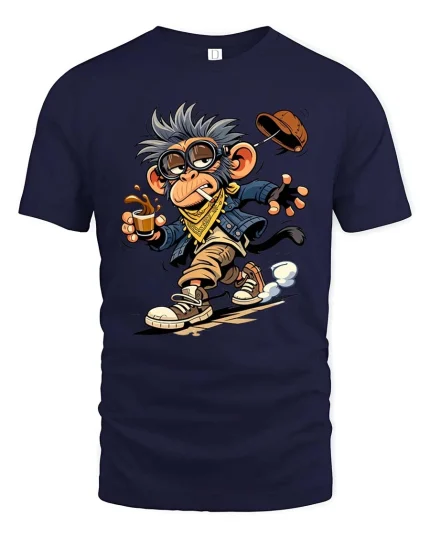 Cool Monkey Coffee Lover Funny Cartoon Graphic T-Shirt - navy t-shirt on white background
