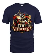Die Jesting Skeleton Jester Dark Humor Graphic T-Shirt - navy t-shirt on white background