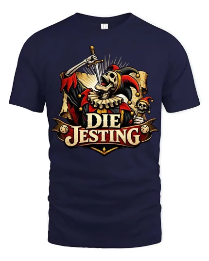 Die Jesting Skeleton Jester Dark Humor Graphic T-Shirt - navy t-shirt on white background