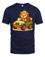 Cute Safari Lion Jeep Cartoon Adventure Graphic T-Shirt - navy t-shirt on white background