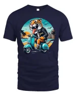 Jakarta Tiger Riding Scooter Retro Travel Graphic T-Shirt - navy t-shirt on white background