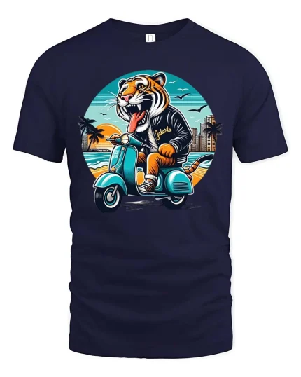 Jakarta Tiger Riding Scooter Retro Travel Graphic T-Shirt - navy t-shirt on white background