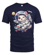Cute Astronaut Cat Skateboard Space Cartoon Graphic T-Shirt - navy t-shirt on white background