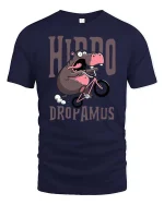 Hippo Dropamus Funny Hippo Riding Bike Cartoon T-Shirt - navy t-shirt on white background