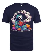 Cute Reading Grim Reaper Ghost Halloween Graphic T-Shirt - navy t-shirt on white background