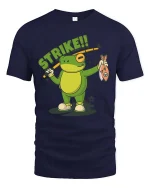 Strike Frog Fishing Funny Fisherman Cartoon T-Shirt - navy t-shirt on white background