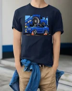 JDM Blue Skyline Sports Car Drift Racing Graphic T-Shirt - model wearing navy tee with hands in pockets