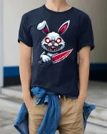 Psycho Killer Bunny Horror Cartoon Graphic T-Shirt - model wearing navy tee with hands in pockets