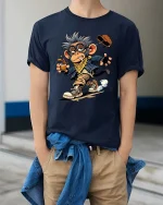 Cool Monkey Coffee Lover Funny Cartoon Graphic T-Shirt - model wearing navy tee with hands in pockets