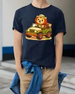 Cute Safari Lion Jeep Cartoon Adventure Graphic T-Shirt - model wearing navy tee with hands in pockets