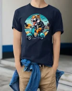 Jakarta Tiger Riding Scooter Retro Travel Graphic T-Shirt - model wearing navy tee with hands in pockets