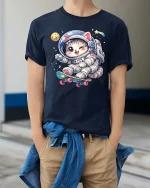 Cute Astronaut Cat Skateboard Space Cartoon Graphic T-Shirt - model wearing navy tee with hands in pockets